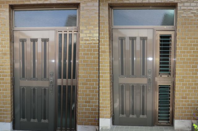 玄関ドアの風通し　袖ＦＩＸ窓をルーバー窓へ取替工事　名古屋市