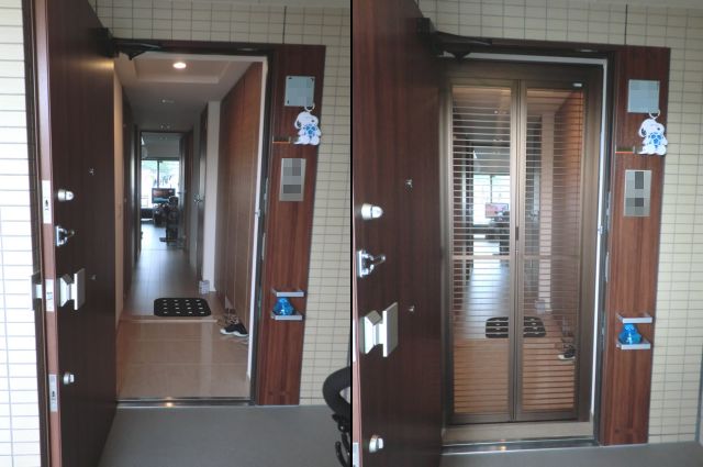 玄関ドア網戸取付工事　中折網戸ＮＨＭ型　格子タイプ　名古屋市