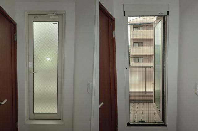 バルコニー用ドアに網戸取付工事　トステム製　しまえるんですα　名古屋市