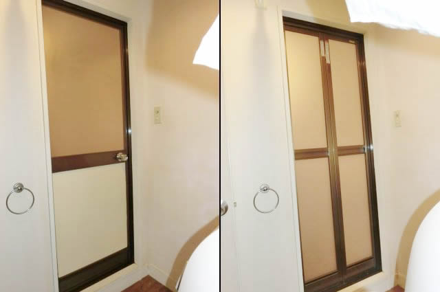 浴室片開きドアから浴室中折れドアへの取替工事　名古屋市中川区