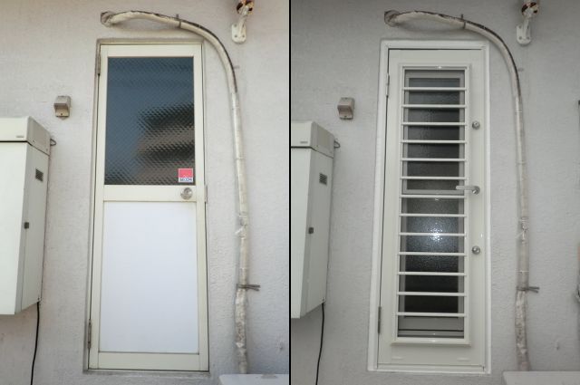 玄関ドアの風通し　袖ＦＩＸ窓をルーバー窓へ取替工事　名古屋市