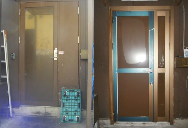 カバー工法によるドア取替工事　アルミフロント親子框ドア　防犯対策