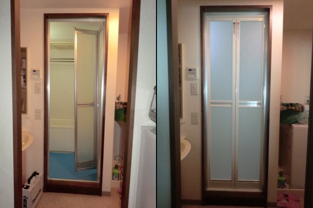 カバー工法による浴室中折れドア取替え工事　トステム製　大治町
