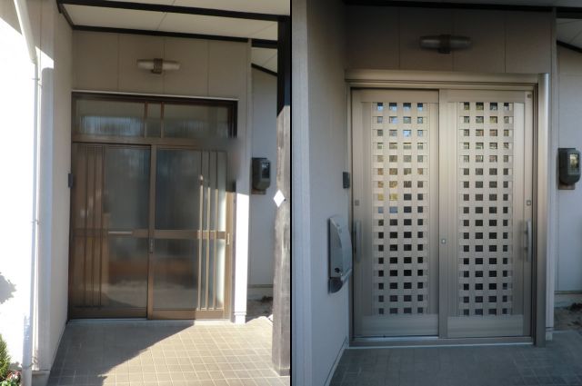 玄関引戸のリフォーム工事　トステム製玄関引戸リシェント　防犯対策　日進市