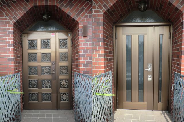 玄関ドアのリフォーム工事　カバー工法　電気錠　名古屋市