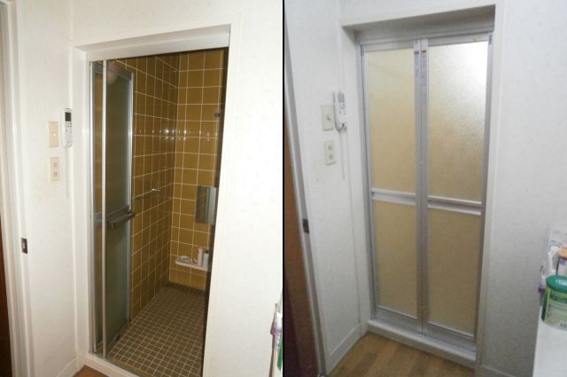 浴室中折れドア取替え工事　リクシル　名古屋市