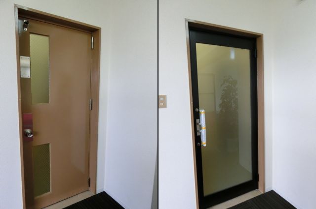 スチール扉からガラス扉への取替工事　アルミ框ドア　名古屋市