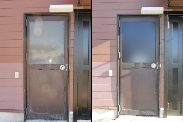 店舗ドアの防犯対策　アルミ框ドア　ガラスからパネル取替工事　名古屋市中川区