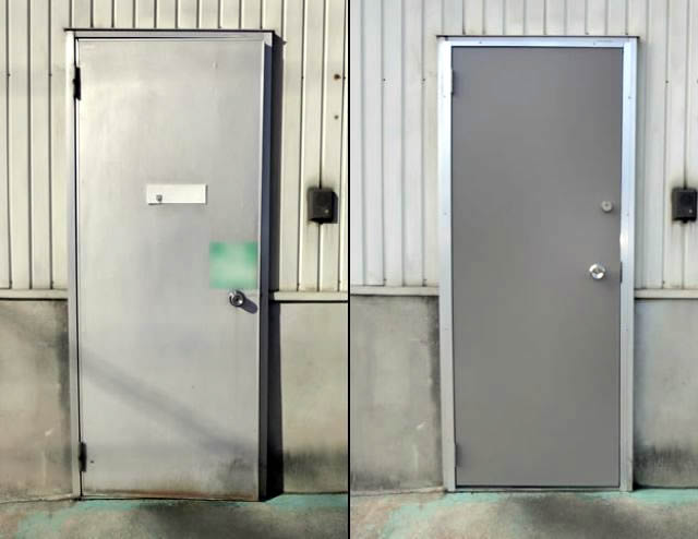 １ドア２ロックで防犯性アップ　工場のアルミ片開き框ドア取替工事　名古屋市緑区