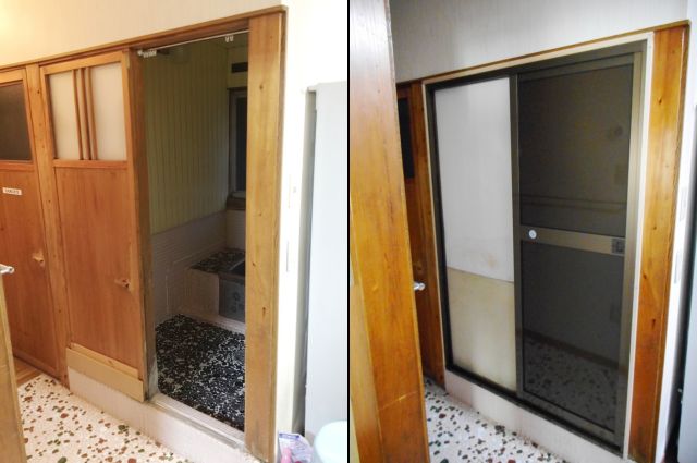 浴室木製引戸からアルミ引戸に取替工事　名古屋市南区